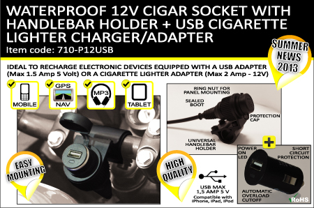 12V cigar socket for motorcycle with handlebar holder + USB port adapter